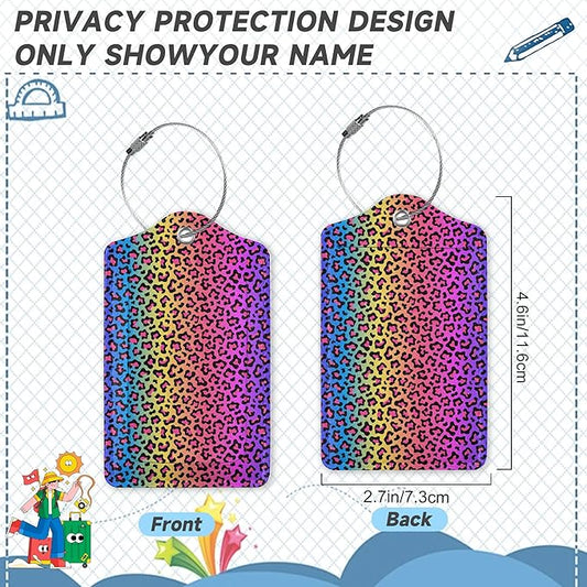 2 Pack Leather Luggage Tag for Suitcase Neon Rainbow Colored Leopard Print Unique Travel Tags with Privacy Cover ID Label & Stainless Steel Loop for Men and Women Baggage
