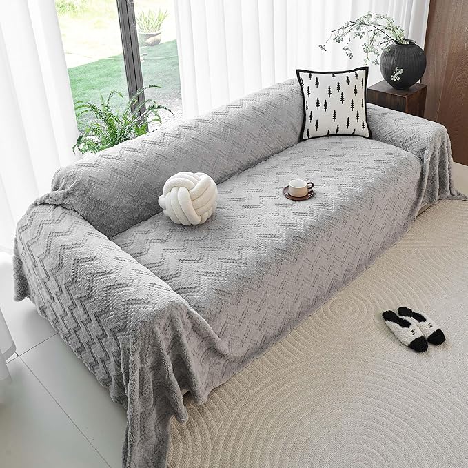 Plush Pet Couch Covers for Sofa, Boho Couch Cover for Dogs, Pet Friendly Sofa Cover- Non-Shedding, Reversible Furniture Cover, Easy to Install & Machine Washable 71"x118", Grey