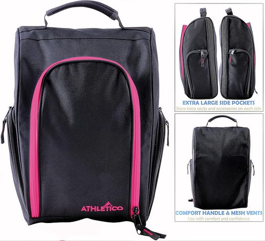 Athletico Golf Shoe Bag - Zippered Shoe Carrier Bags With Ventilation & Outside Pocket for Socks, Tees, etc. (Black/Pink)
