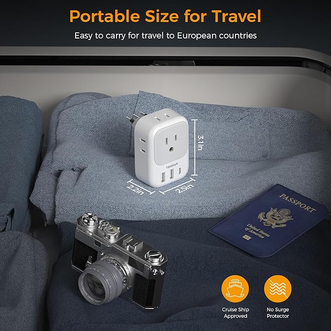 Italy Travel Plug Adapter, TESSAN Type L Adapter for Travel with 4 Outlets 3 USB Ports (1 USB-C), Power Adaptor for US to Italy Chile Rome Uruguay Milan Libya