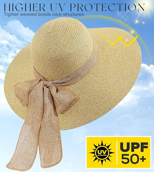 Beach Sun Hats for Women,Wide Brim Straw Hat Floppy Packable UPF 50+ UV Protection with for Summer