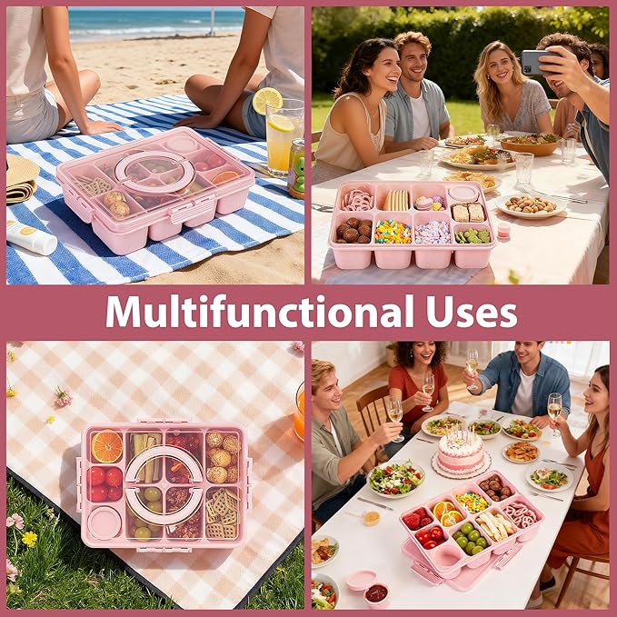 Wheat Straw Snackle Box Container,Dishwasher Safe-9 Compartment Divided Serving Tray with Lid and Handle, Built-in Dip Containers,BPA-Free,Pink