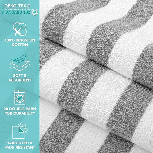Arkwright California Cabana Stripe Beach Towel - Pack of 4, Large Soft Quick Dry Cotton Terry Towels Set for Pool, Swim, and Hot Tub, Oversized 30 x 70 in, Grey