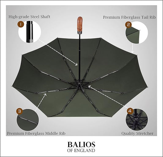 Balios Prestige Travel Folding Umbrella, Handmade Wood Handle, Auto Open & Close