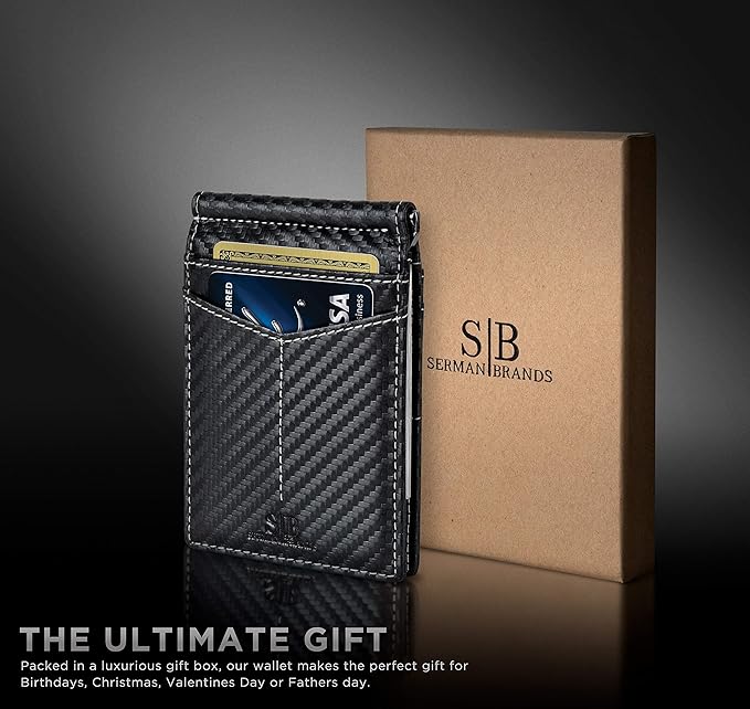 SERMAN BRANDS RFID Blocking Wallet Slim Bifold - Genuine Leather Minimalist Front Pocket Wallets for Men with Money Clip Gift (Modern Black)
