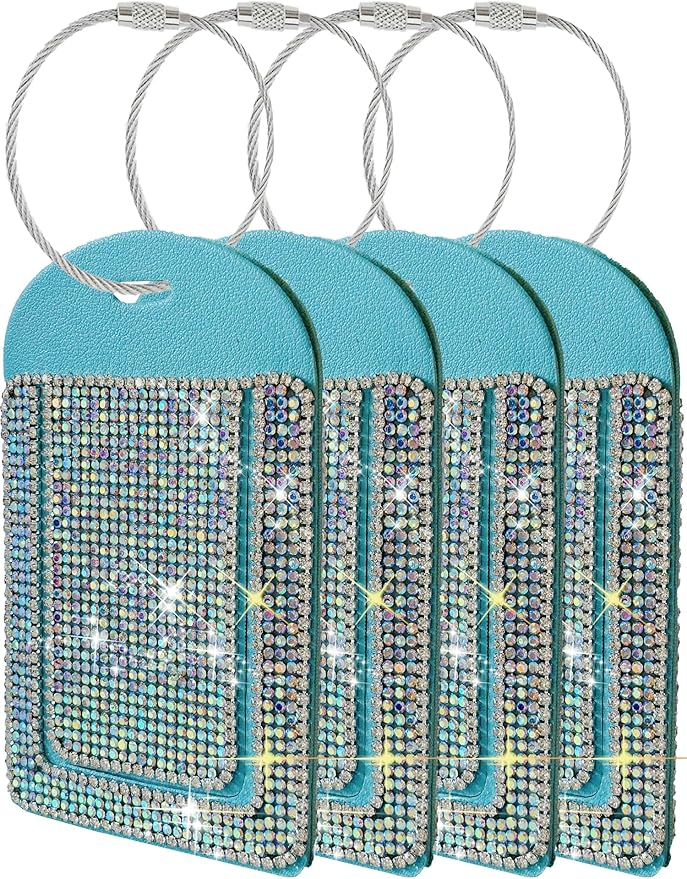 Blue Luggage Tags for Women's Suitcases Cute Bling Diamond Laether Travel Tags for Cruise and Travel Essentials-4 Packs