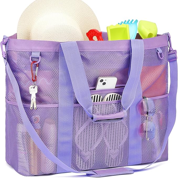Mesh Beach Bag, Large Beach Tote with Zipper Pocket for Family Pool Bag for Toys & Vacation Essentials