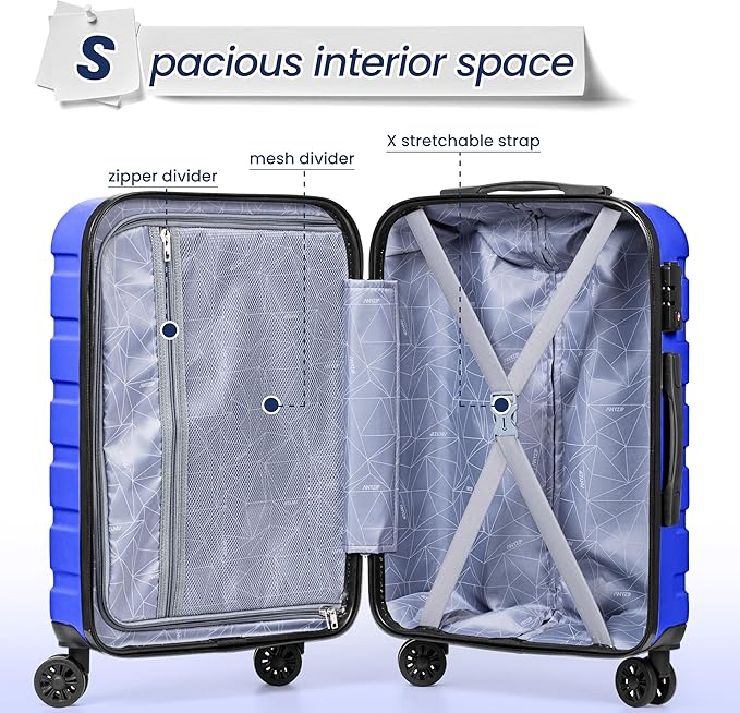 AnyZip Luggage Sets 3 Piece Hardshell Suitcase Set PC ABS Lightweight Travel Suitcases with 4 Double Spinner Wheels TSA Lock 20 24 28 Inch Blue