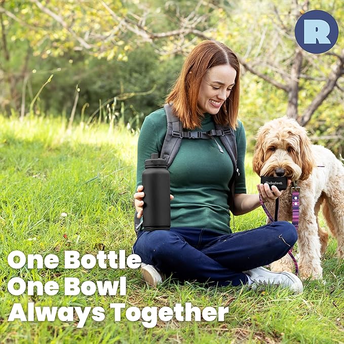 Dog Water Bottle for Dog Lovers - 32 oz Stainless Steel Double Wall Insulated Water Bottle with 8 oz Detachable Bowl on Bottom for Doggy Mom & Dad for Christmas- Black