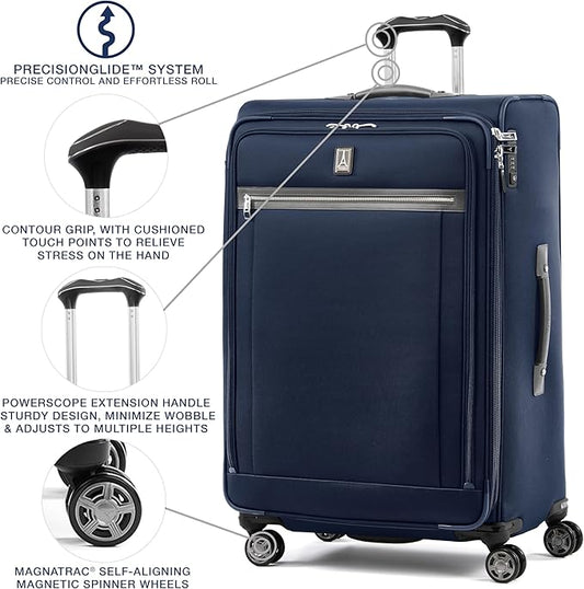 Travelpro Platinum Elite Softside Expandable Checked Luggage, 8 Wheel Spinner Large Suitcase, TSA Lock, Men and Women, Dark Blue, Checked Large 29-Inch
