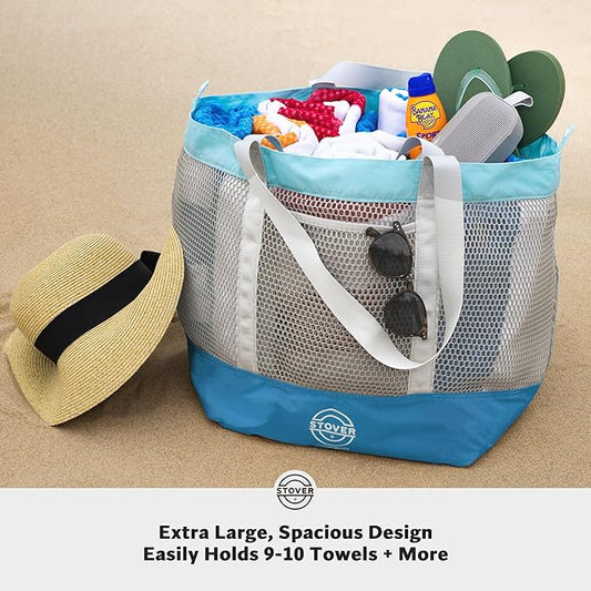 STOVER Large Mesh Beach Bag, Vacation, Pool, Shopping, & Travel Tote - Foldable w/Storage Pockets for Women, Men & Families