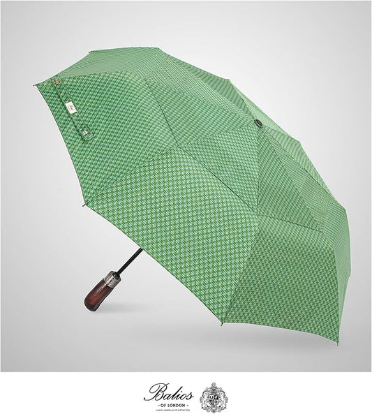 Balios Travel Folding Umbrella with Real Wood Handle Auto Open Close Vented Windproof Canopy - Designed in UK
