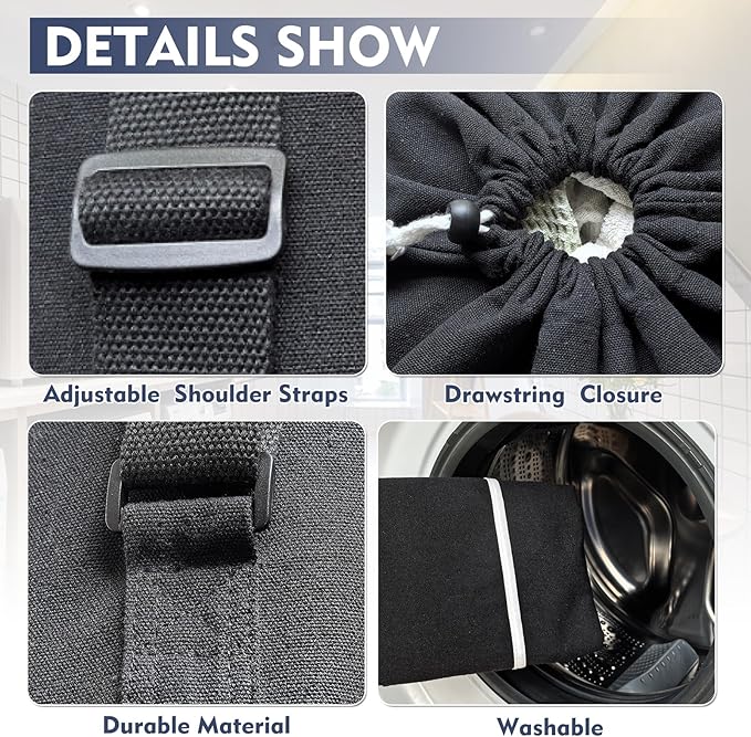 Canvas Laundry bag, Washable Laundry backpack, Adjustable Straps, Large Front Pocket, Drawstring Closure (BLACK, XX-Large)