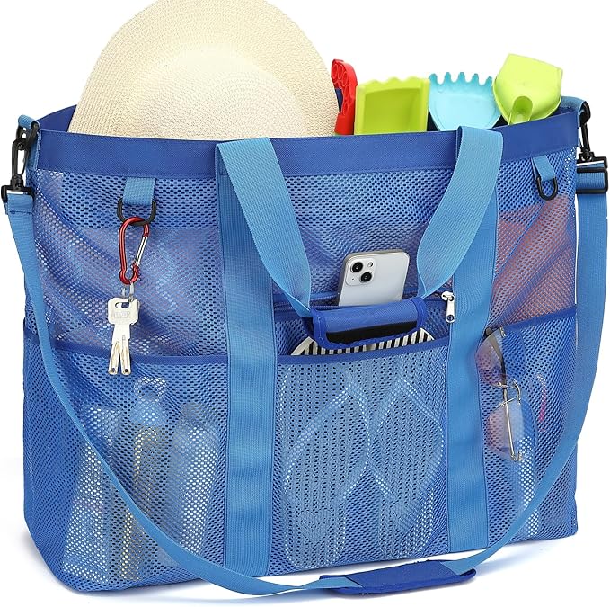 Mesh Beach Bag, Large Beach Tote with Zipper Pocket for Family Pool Bag for Toys & Vacation Essentials