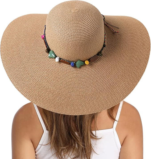 Lanzom Womens Wide Brim Straw Hat Big Floppy Foldable Roll up Cap Beach Sun Hat UPF 50+