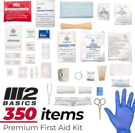 M2 BASICS Professional 350-Piece Emergency First Aid Kit for Car, Home, Office & Business – Organized Dual-Layer Hard Case, Wall-Mountable Medical Supply Organizer, OSHA Workplace Safety