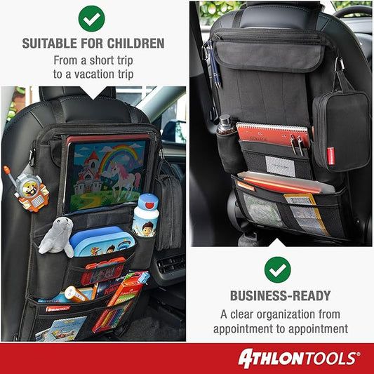ATHLON TOOLS car seat organizer with integrated tablet holder - Reinforced back - with extra pen pocket - for business and children - Designed in Germany