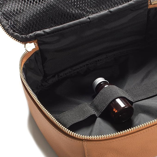 Leatherology Cognac Large Travel Organizer - Zipped mesh storage pocket, elastic loops for organization, double metal zipper