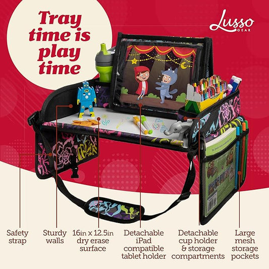 Lusso Gear Kids Travel Tray for Car - Road Trip Essentials for Kids - Car Seat Tray for Toddlers & Kids - for Airplane, Kids Travel Desk, Road Trip Activities (Floral)