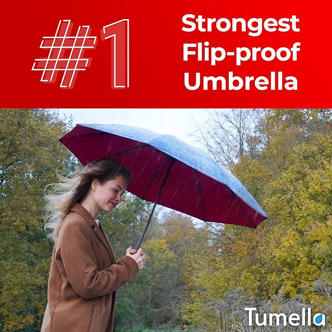 TUMELLA Flip-proof Inverted Travel Umbrella, Small Strong but Light Portable and Automatic Reverse Folding Rain Umbrella, Durable Premium Grip, Fits Car & Backpack