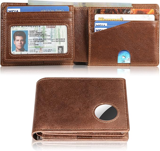 Mens Wallet With AirTag Holder, Bifold Leather RFID Blocking 1-2 ID Windows 12-13 Card Holders, Gift Box and Screen Protector Included, AirTag Not Included