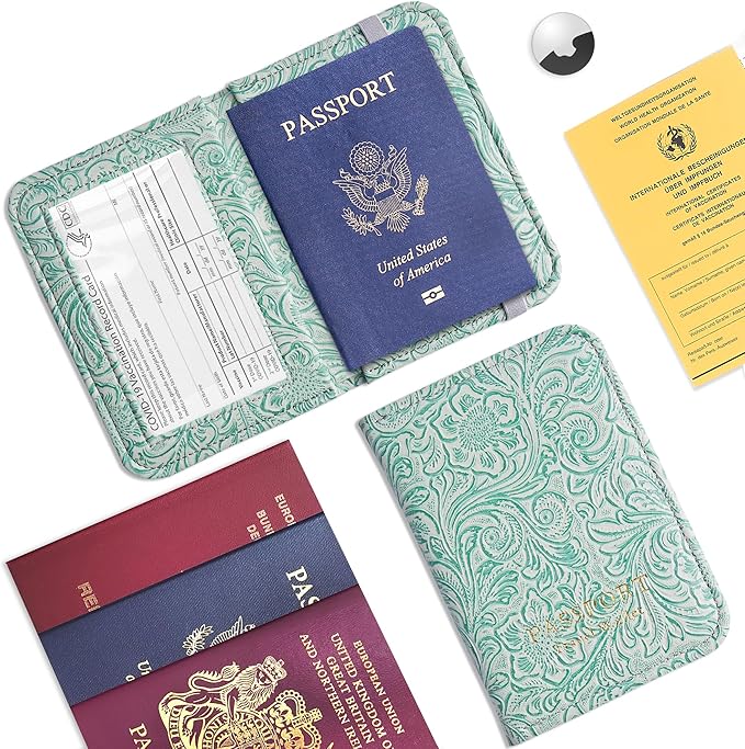 lizimandu Passport Holder with Airtag Slot, Airtag Passport Wallet for Men Women, Slim Leather Passport Holder Case Family for Travel Anti-Lost(1-Carved Green2)
