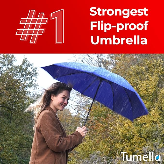 TUMELLA Flip-proof Inverted Travel Umbrella, Small Strong but Light Portable and Automatic Reverse Folding Rain Umbrella, Durable Premium Grip, Fits Car & Backpack