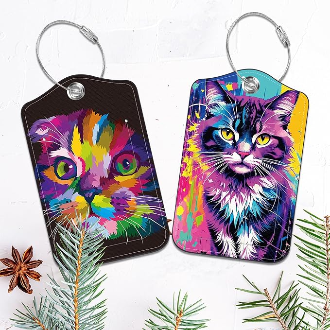 2 Pack Luggage Tags for Suitcase,PU Leather Travel Cruise Luggage Tag with Privacy Cover,Name ID Label and Steel Ring,Travel Essentials for Women Men (Cat with Abstract Beauty)