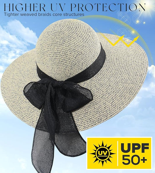 Beach Sun Hats for Women,Wide Brim Straw Hat Floppy Packable UPF 50+ UV Protection with for Summer