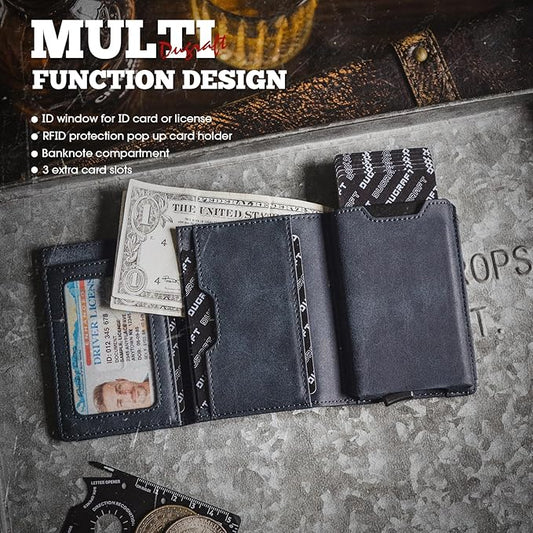 DUGRAFT Mens Wallet for Max.11 Cards with Pop Up Credit Card Ejector Case RFID Blocking, Bills/Cash Compartment and ID Window, Giftbox Packed, Dark Blue