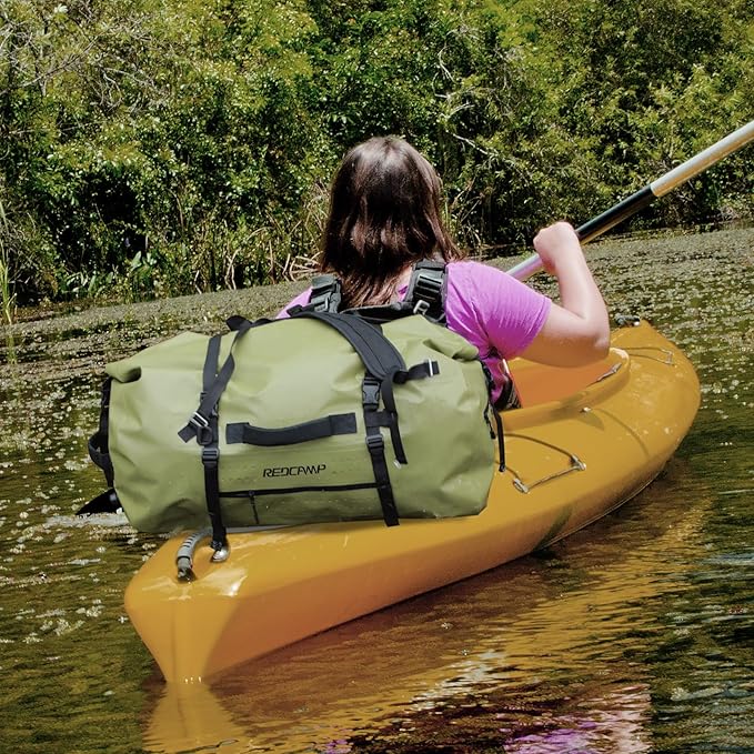 REDCAMP 80L Large Waterproof Duffel Bag, Rolltop Dry Backpack Duffle Bags with Quick-fixed Straps for Camping Motorcycle Boating Rafting Kayaking Paddle boarding, 80L Army Green