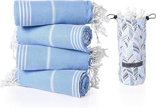 BAY LAUREL Turkish Beach Towel with Travel Bag 39 x 71 Quick Dry Sand Free Lightweight Large Oversized Towels Light - Pack of 4 (Pack of 4 - Denim Blue)