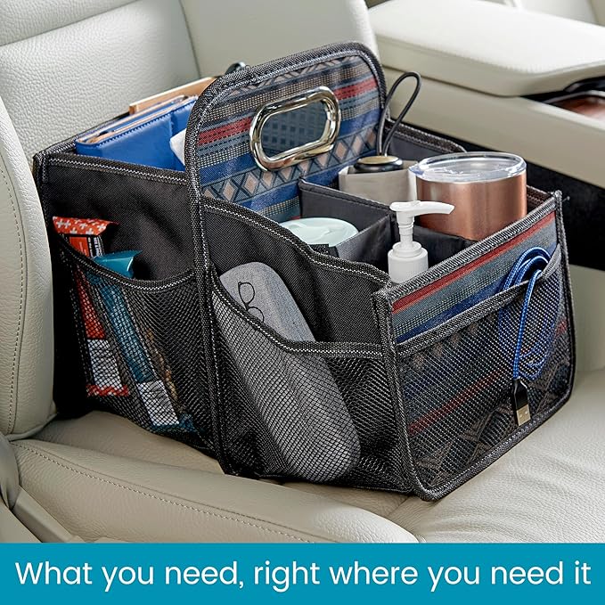 High Road Car Organizer with Cup Holder Dividers - Front Seat Organizer for Drivers or Middle Seat Car Organizer for Kids - Portable Car Caddy with Easy Carry Handle