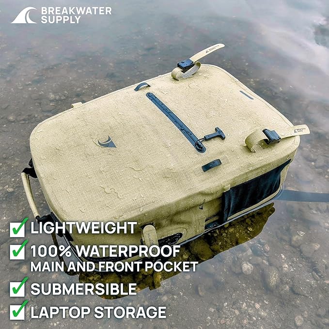 Breakwater Supply™ River Ute Waterproof IP68 Hunting Backpack, Floating TPU Submersible Dry Bag with Padded Hip Belt and Airtight Zippers | 20L (River Ute 20L CORDURA Safari Tan)