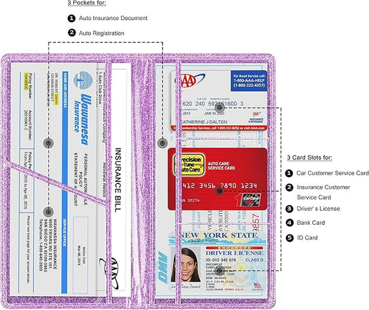 TOURSUIT Car Registration and Insurance Card Holder, Vehicle License Document Glove Box Compartment Organizer, Interior Car Accessories for Women Men Teens (Glitter Purple)