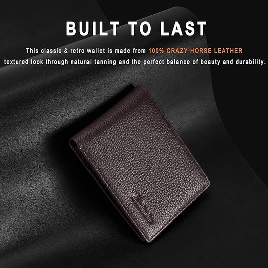 Travelambo Genuine Leather Wallet for Men with Gift Box - Handmade Bifold Stylish - Mens Wallets Rfid Blocking with 2 ID Windows