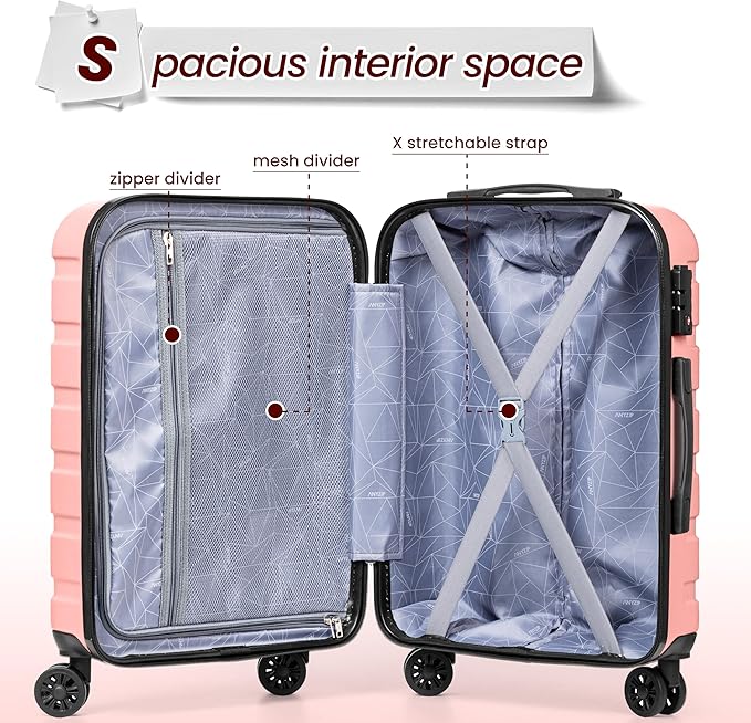 AnyZip Luggage Sets 3 Piece Hardshell Suitcase Set PC ABS Lightweight Travel Suitcases with 4 Double Spinner Wheels TSA Lock 20 24 28 Inch Pink