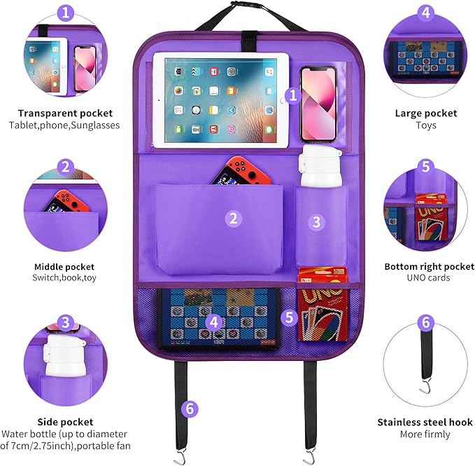 LUCMO Car Backseat Organizer with Tablet Holder,6 Storage Pockets Car Storage Organizer with Foldable Food Tray,Seat Protectors Kick Mats Travel Accessories-Dark Purple