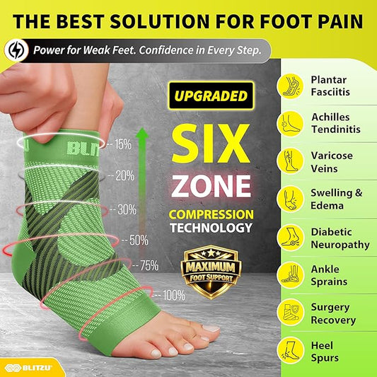 BLITZU Compression Socks for Plantar Fasciitis, Achilles Tendonitis, Arthritis Relief, Ankle Brace Compression Sleeve with Foot Arch Support, Ankle Wrap for Women, Men, Swelling & Heel Pain Green S-M
