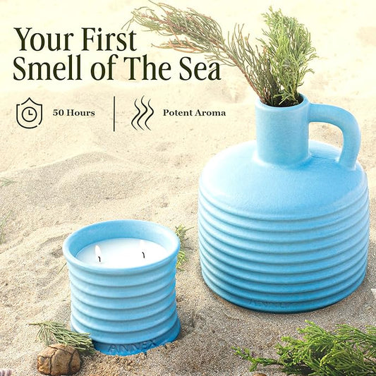 Scented Luxury Candles in Handmade Ceramic Jars, Soy Wax | Day On The Sea – Cypress & Cedar, Large Candle | Non Toxic, 2 Wicks, Reusable Big Blue Jar | Natural Spring Aromatherapy for Women & Men