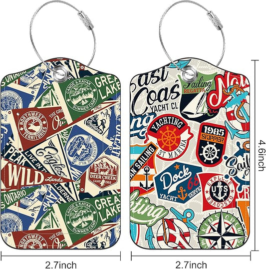2 Pack Luggage Tag for Suitcase Nautical Patches Mountain Lake Camp Flag Leather Suitcase Tags with Privacy Name ID Label and Stainless Steel Loop for Travel Bag