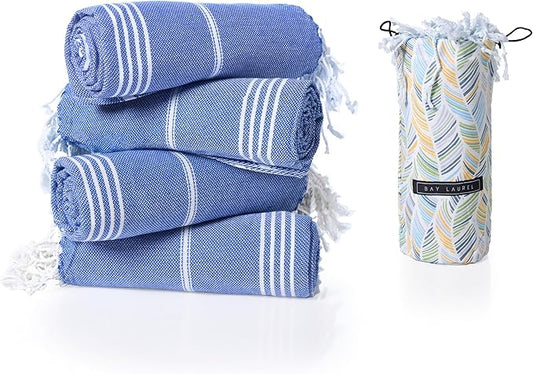 BAY LAUREL Turkish Beach Towel with Travel Bag 39 x 71 Quick Dry Sand Free Lightweight Large Oversized Towels Light - Pack of 4 (Pack of 4 - Dark Blue with Yellow Floral)