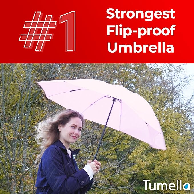 TUMELLA Flip-proof Inverted Travel Umbrella, Small Strong but Light Portable and Automatic Reverse Folding Rain Umbrella, Durable Premium Grip, Fits Car & Backpack