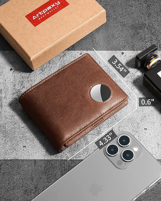 Mens Wallet With AirTag Holder, Bifold Leather RFID Blocking 1-2 ID Windows 12-13 Card Holders, Gift Box and Screen Protector Included, AirTag Not Included