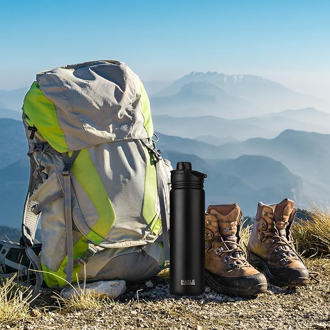 HASLE OUTFITTERS Insulated Water Bottle 22 oz Double Wall Stainless Steel Water Bottle Wide Mouth with Straw Lid & Spout Lid Keeps Cold or Hot(Black,8)