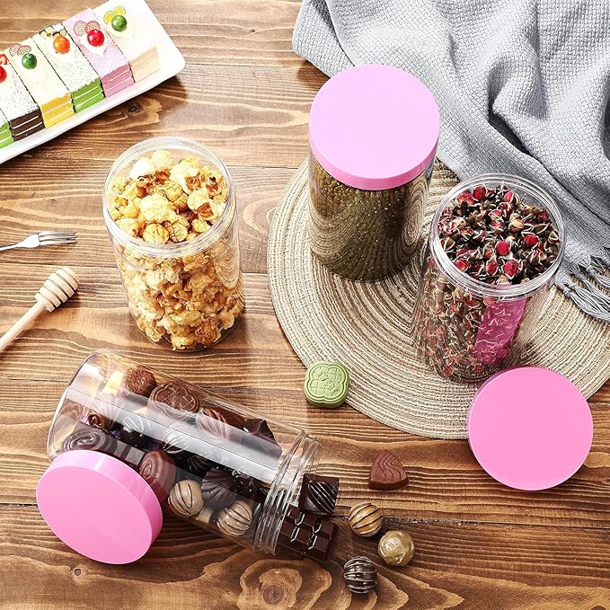 SATINIOR 12 Pack 32 oz Plastic Container Jars with Lids Round Clear Travel Cosmetic Container Slime Jars for Toiletries, Lotion, Cream, Ointments, Makeup, Rhinestone, Samples, Kitchen Storage(Pink)