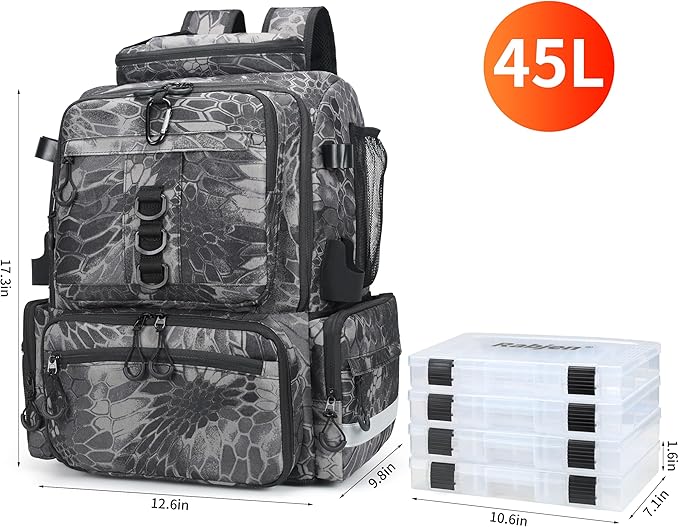Rabjen Fishing Tackle Backpack, 45L Storage Waterproof Travel Bag Store Fishing Gear with Insulated Top Pocket