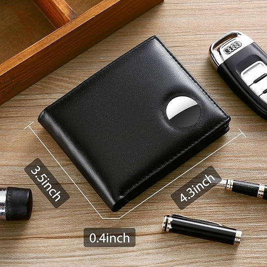 Swallowmall AirTag Wallet Mens RFID Blocking Genuine Leather Bifold Men's Wallet For air tag with 1 ID Window 13 Card Holders Black(Airtag Not included)