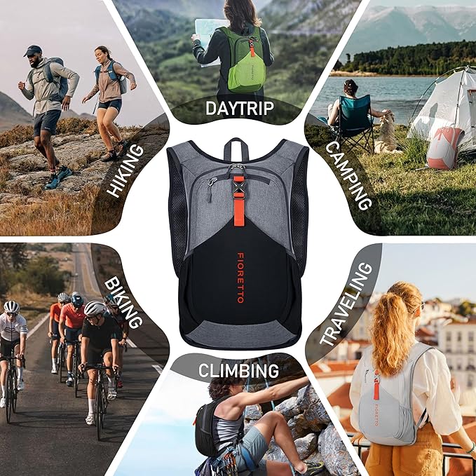 FIORETTO 15L Hiking Backpack for Women Men Mini Packable Backpack Lightweight Small Daypack for Camping Travel Outdoor, Grey and Black