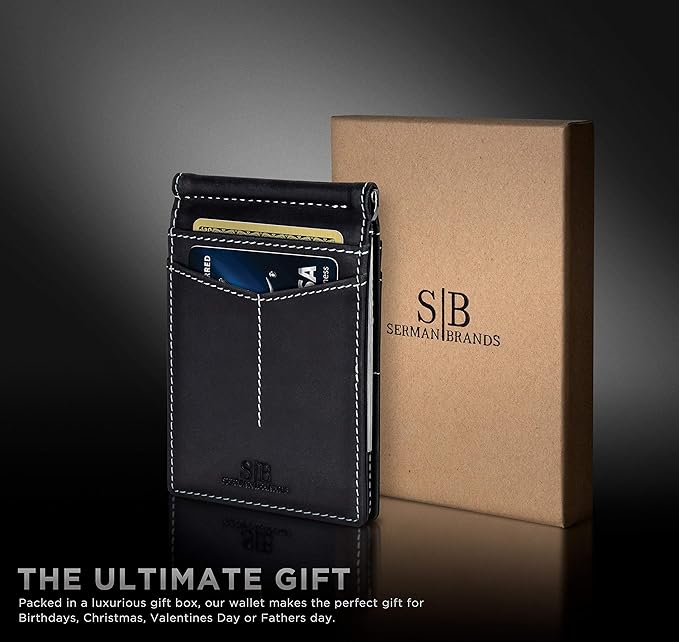 SERMAN BRANDS RFID Blocking Wallet Slim Bifold - Genuine Leather Minimalist Front Pocket Wallets for Men with Money Clip Gift (Charcoal Black)